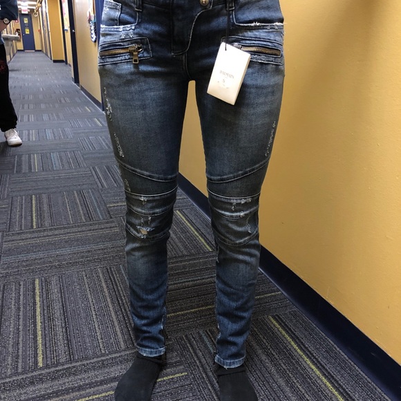 BALMAIN Women’s Biker Distressed Slim Zipper Jeans - Picture 5 of 7
